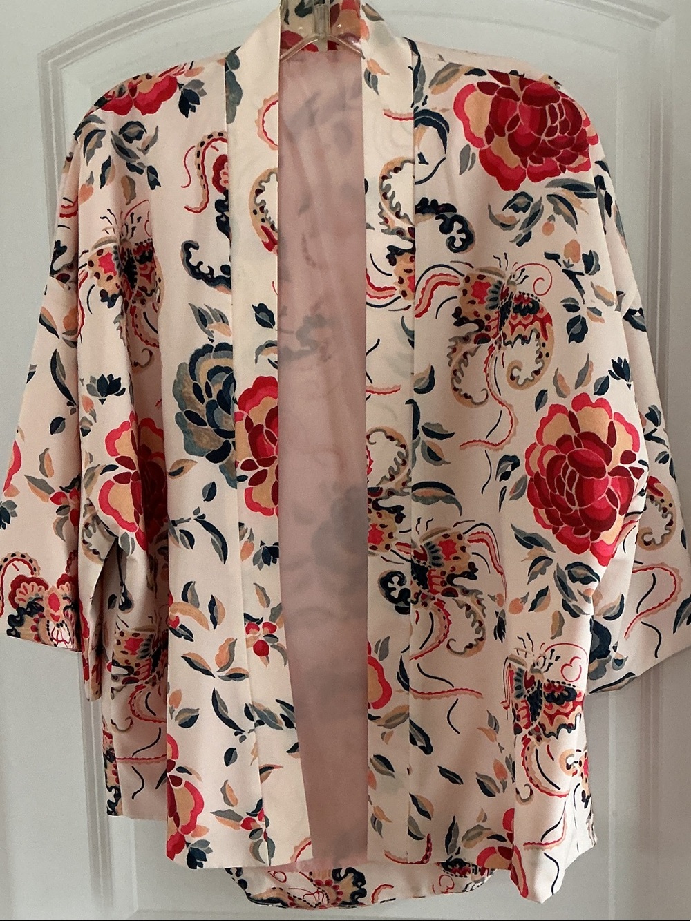 Satin Floral Kimono Jacket in Cream with Red & Navy Accents